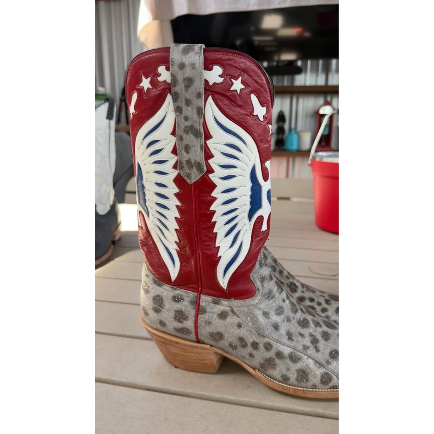🐟CUSTOM HANDMADE WOLF FISH WESTERN BOOTS — RED WHITE & BLUE PATRIOT SHAFT | SIZE 11.5 | WITH MATCH