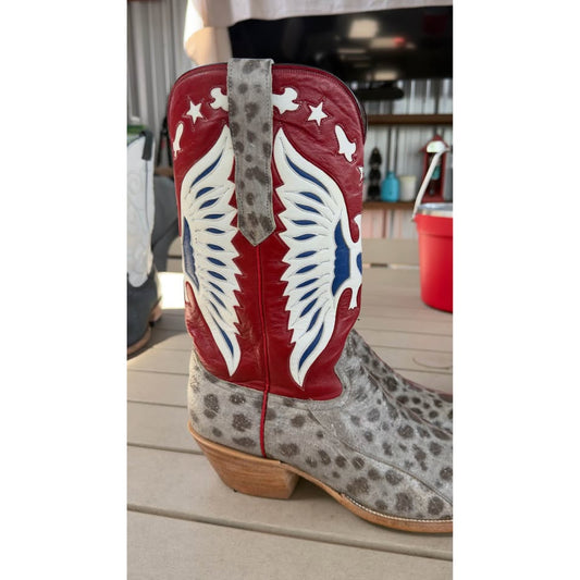 🐟CUSTOM HANDMADE WOLF FISH WESTERN BOOTS — RED WHITE & BLUE PATRIOT SHAFT | SIZE 11.5 | WITH MATCH