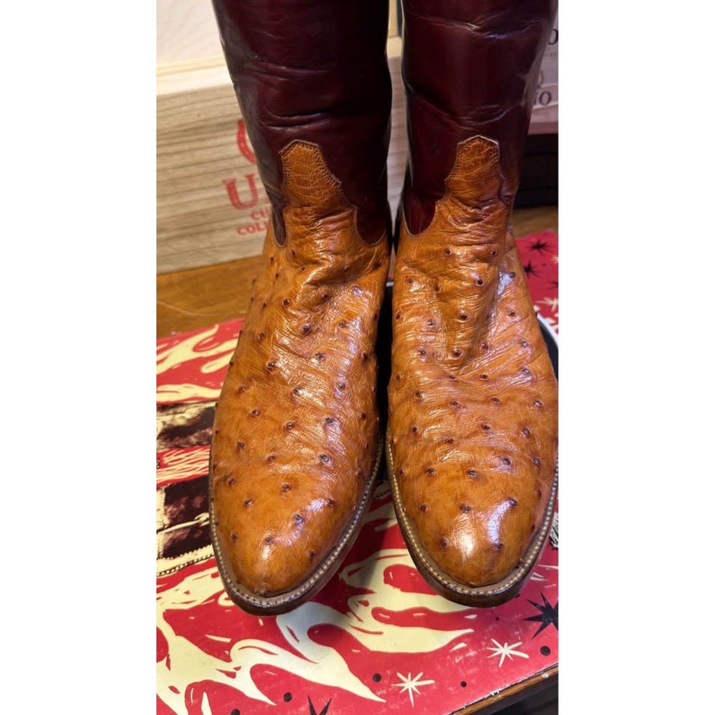 🐧VINTAGE TONY LAMA “EL REY” FULL QUILL OSTRICH BOOTS — COGNAC & OXBLOOD | SIZE 12½ B -FITS 10–10.5