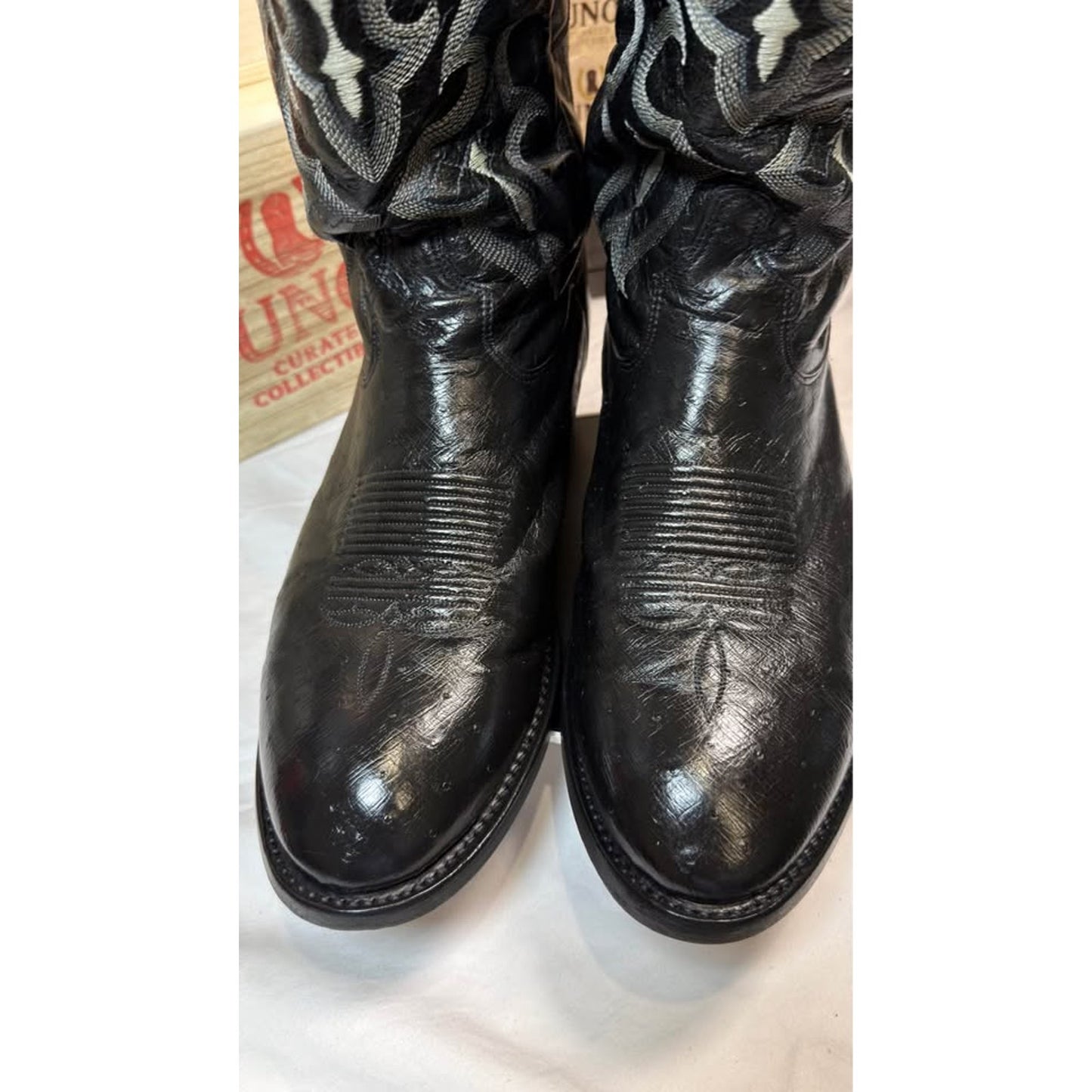 Tony Lama Smooth Ostrich Boots — Black with Silver Flame Embroidery — Size 10.5 D — Used, Excellent
