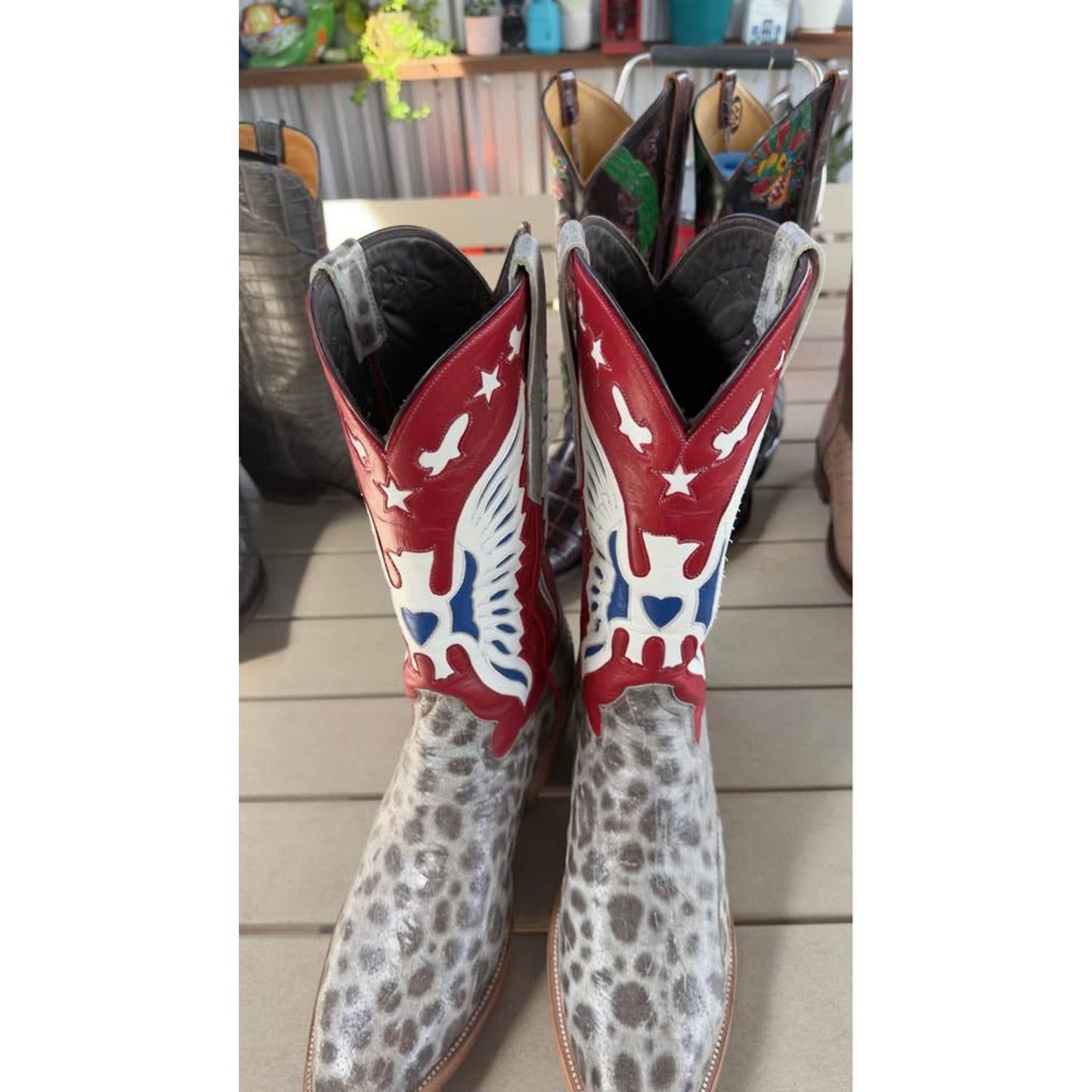 🐟CUSTOM HANDMADE WOLF FISH WESTERN BOOTS — RED WHITE & BLUE PATRIOT SHAFT | SIZE 11.5 | WITH MATCH