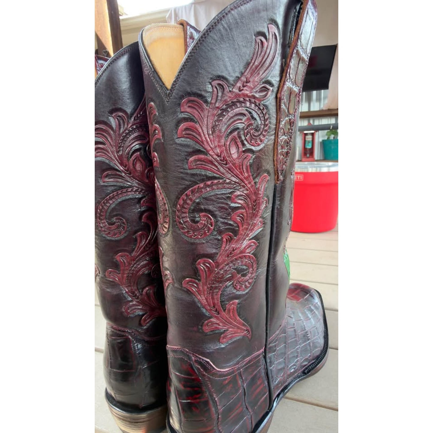 🐊CUSTOM HANDMADE CROCODILE BELLY “AZTEC CALENDAR” BOOTS — BLACK CHERRY | SIZE 11.5 | FRENCH TOE |