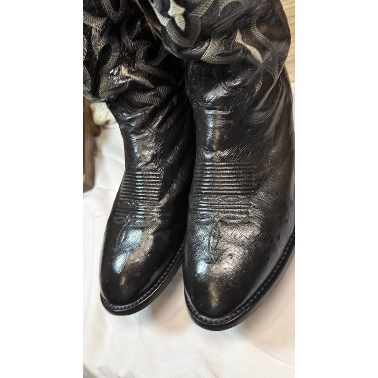 Tony Lama Smooth Ostrich Boots — Black with Silver Flame Embroidery — Size 10.5 D — Used, Excellent