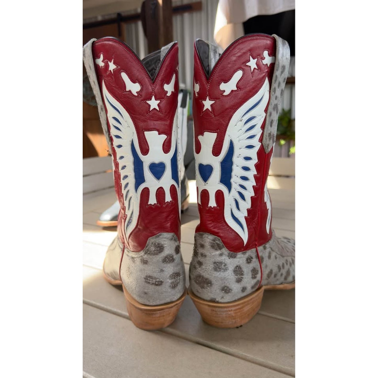 🐟CUSTOM HANDMADE WOLF FISH WESTERN BOOTS — RED WHITE & BLUE PATRIOT SHAFT | SIZE 11.5 | WITH MATCH