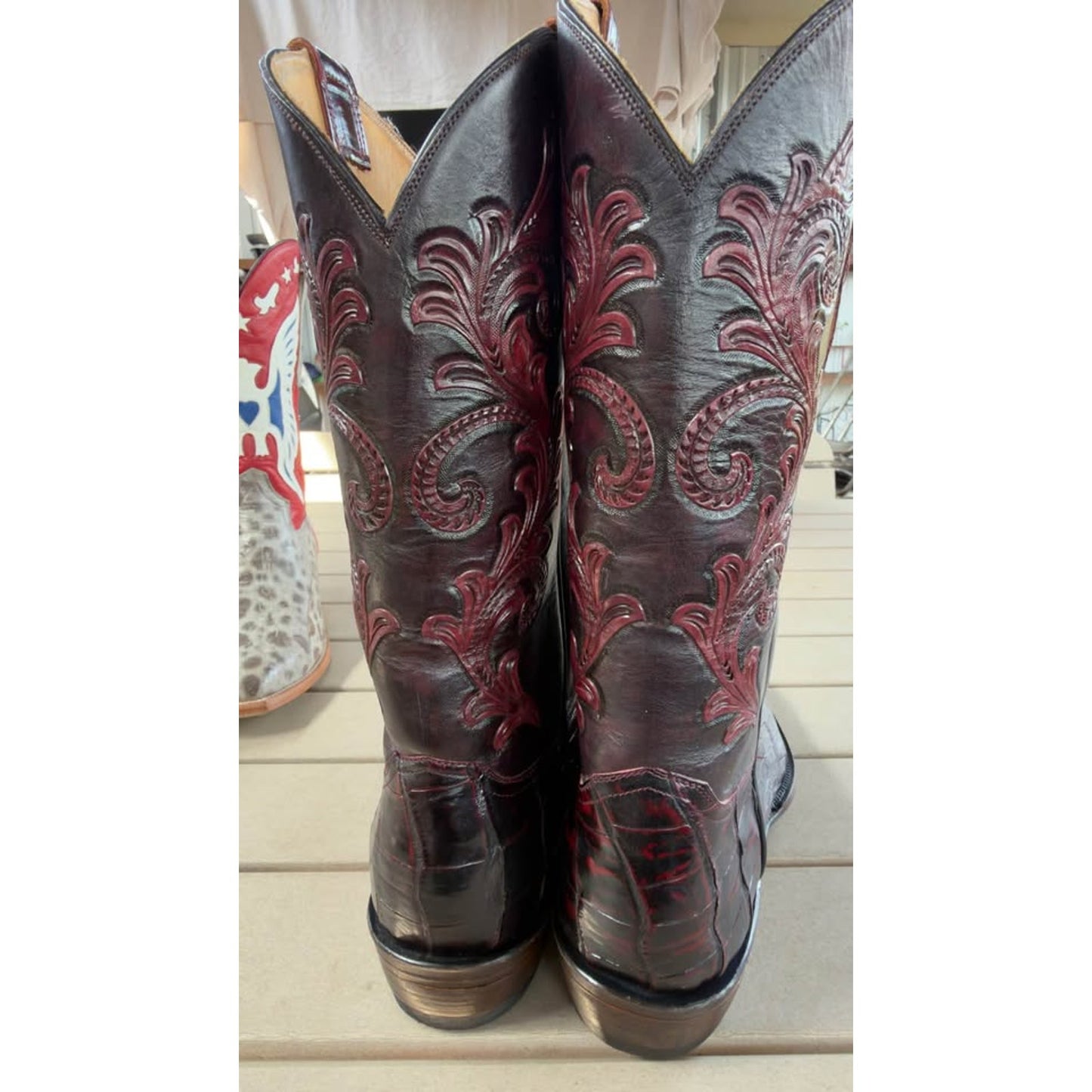 🐊CUSTOM HANDMADE CROCODILE BELLY “AZTEC CALENDAR” BOOTS — BLACK CHERRY | SIZE 11.5 | FRENCH TOE |