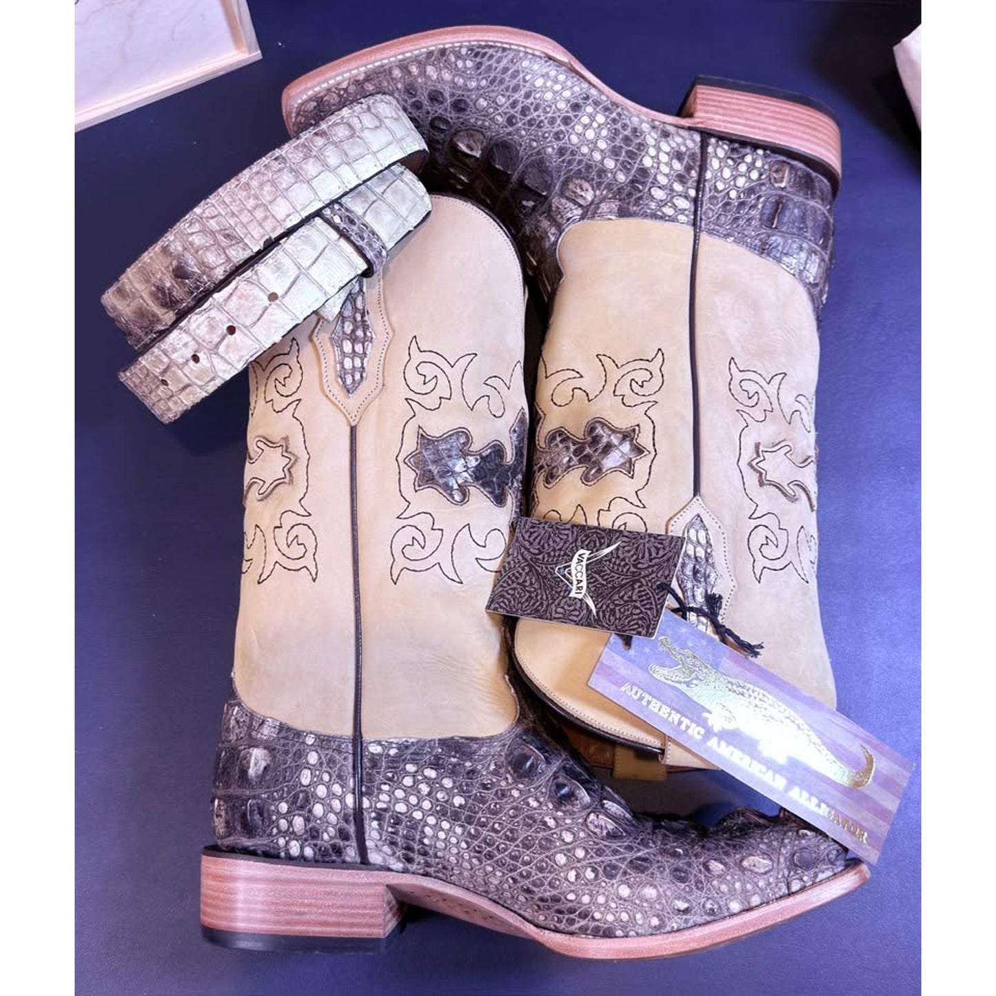 Vaccari Natural Alligator Boots + Matching Belt – 10.5E 🐊