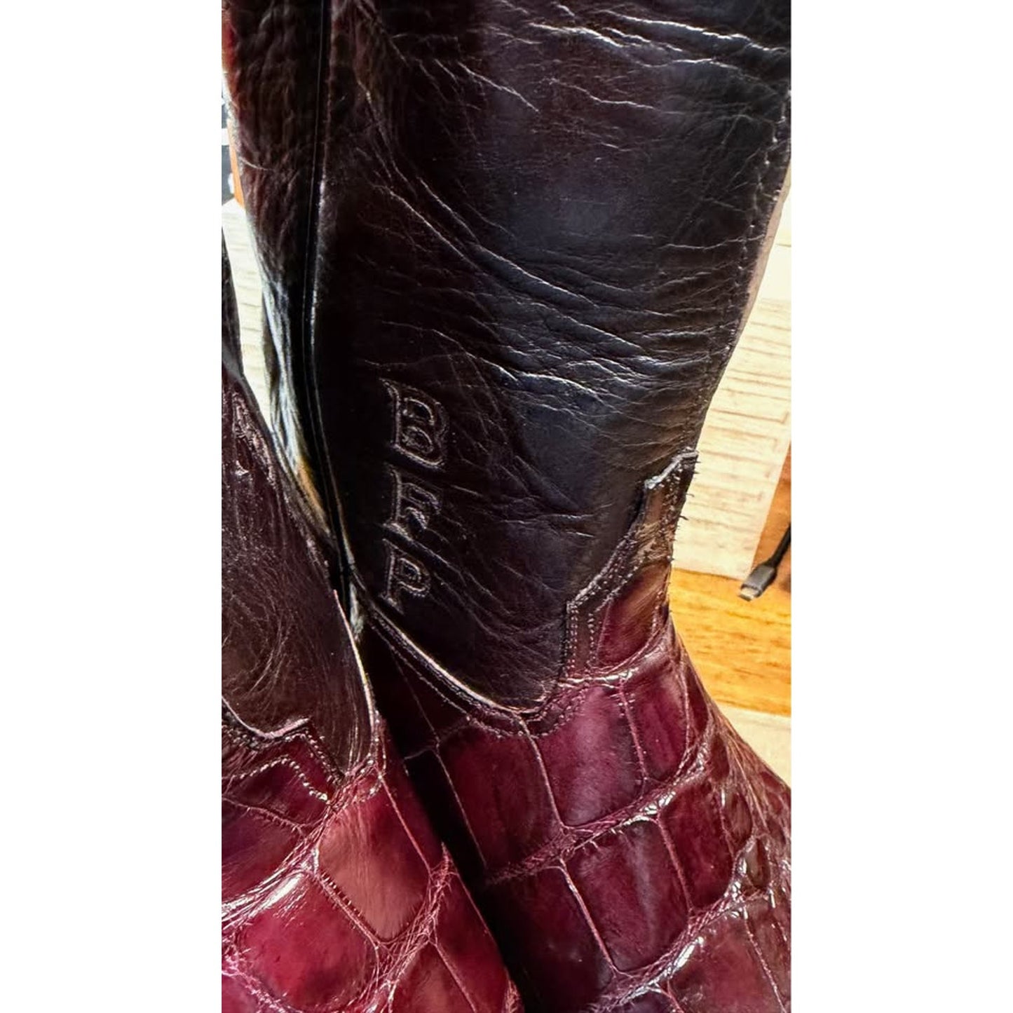 Custom Alligator Cowboy Boots — Burgundy/Black — Men’s 11.5 — One of a Kind, New Soles