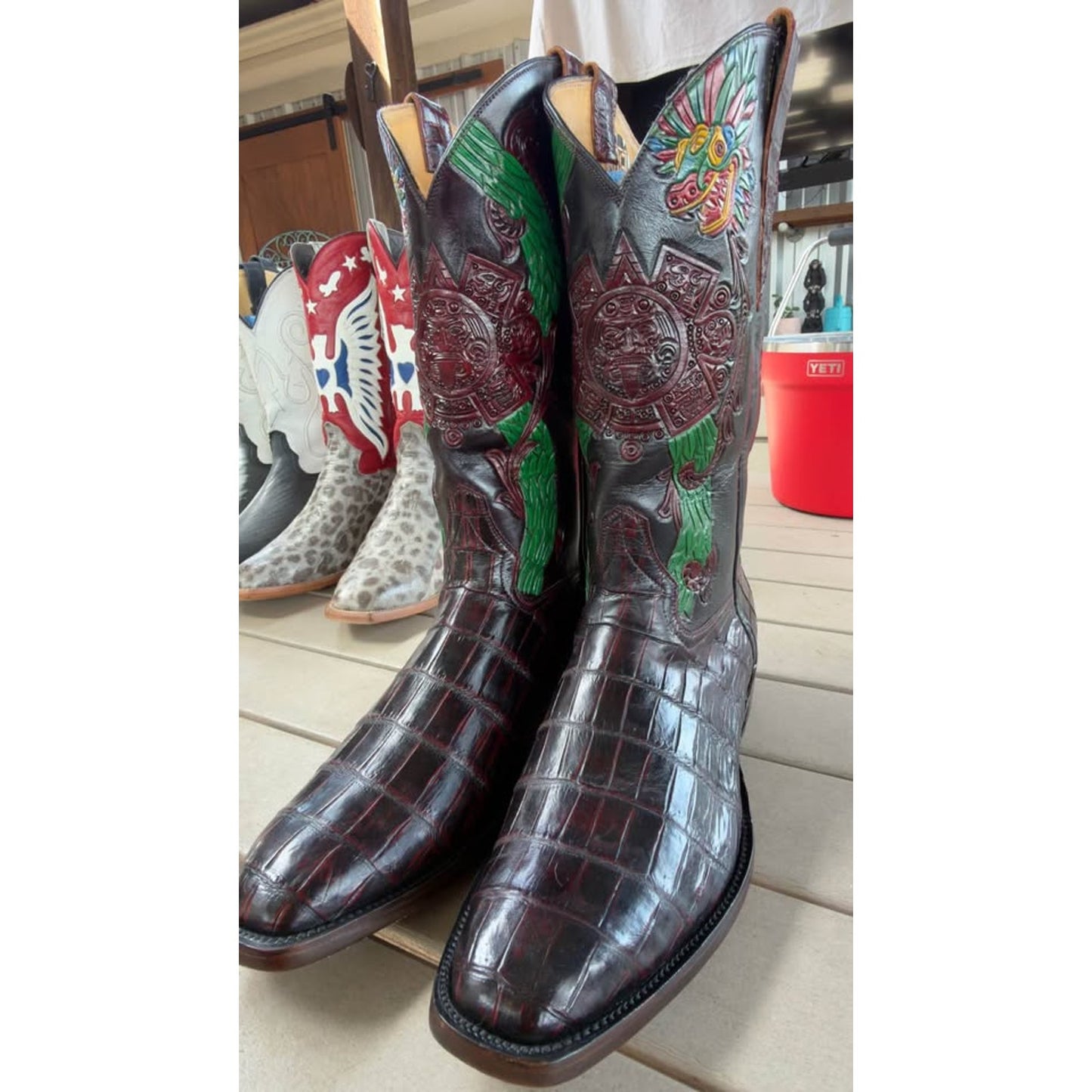 🐊CUSTOM HANDMADE CROCODILE BELLY “AZTEC CALENDAR” BOOTS — BLACK CHERRY | SIZE 11.5 | FRENCH TOE |