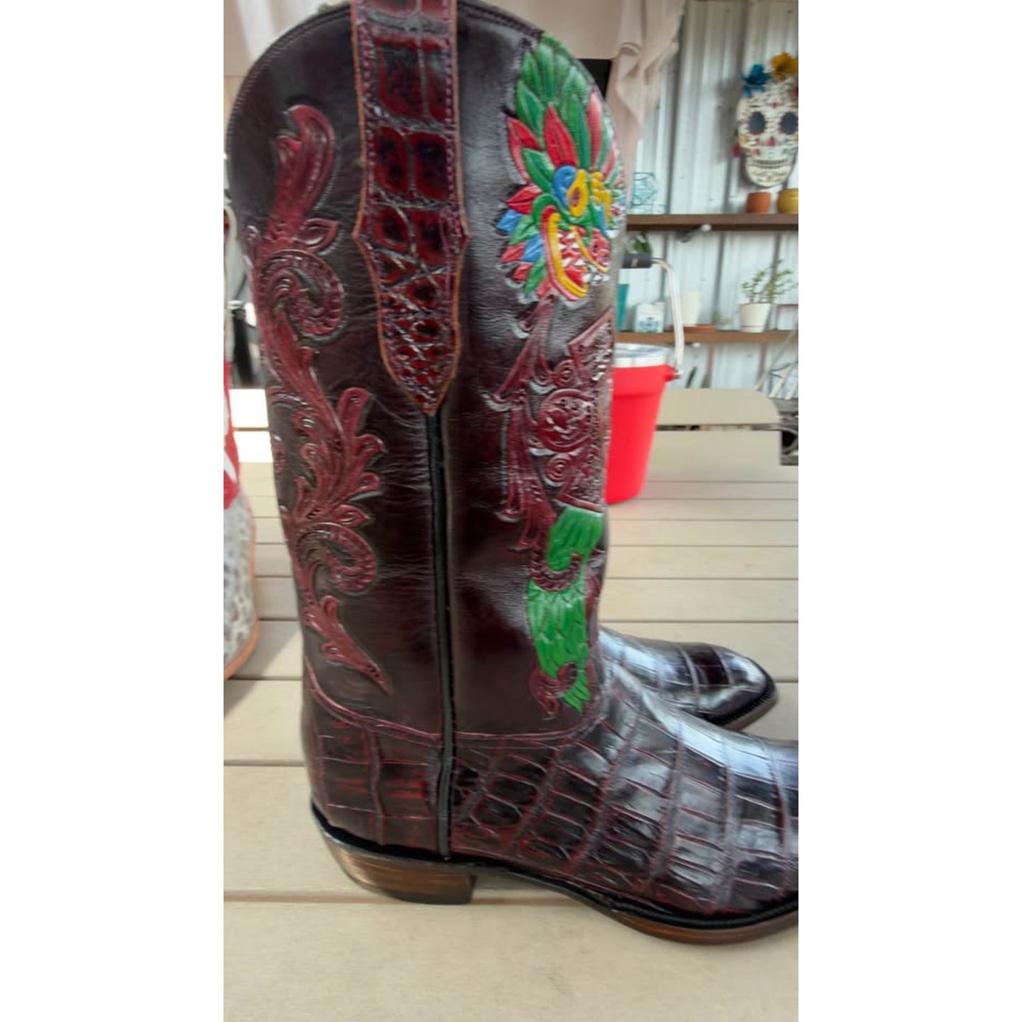 🐊CUSTOM HANDMADE CROCODILE BELLY “AZTEC CALENDAR” BOOTS — BLACK CHERRY | SIZE 11.5 | FRENCH TOE |