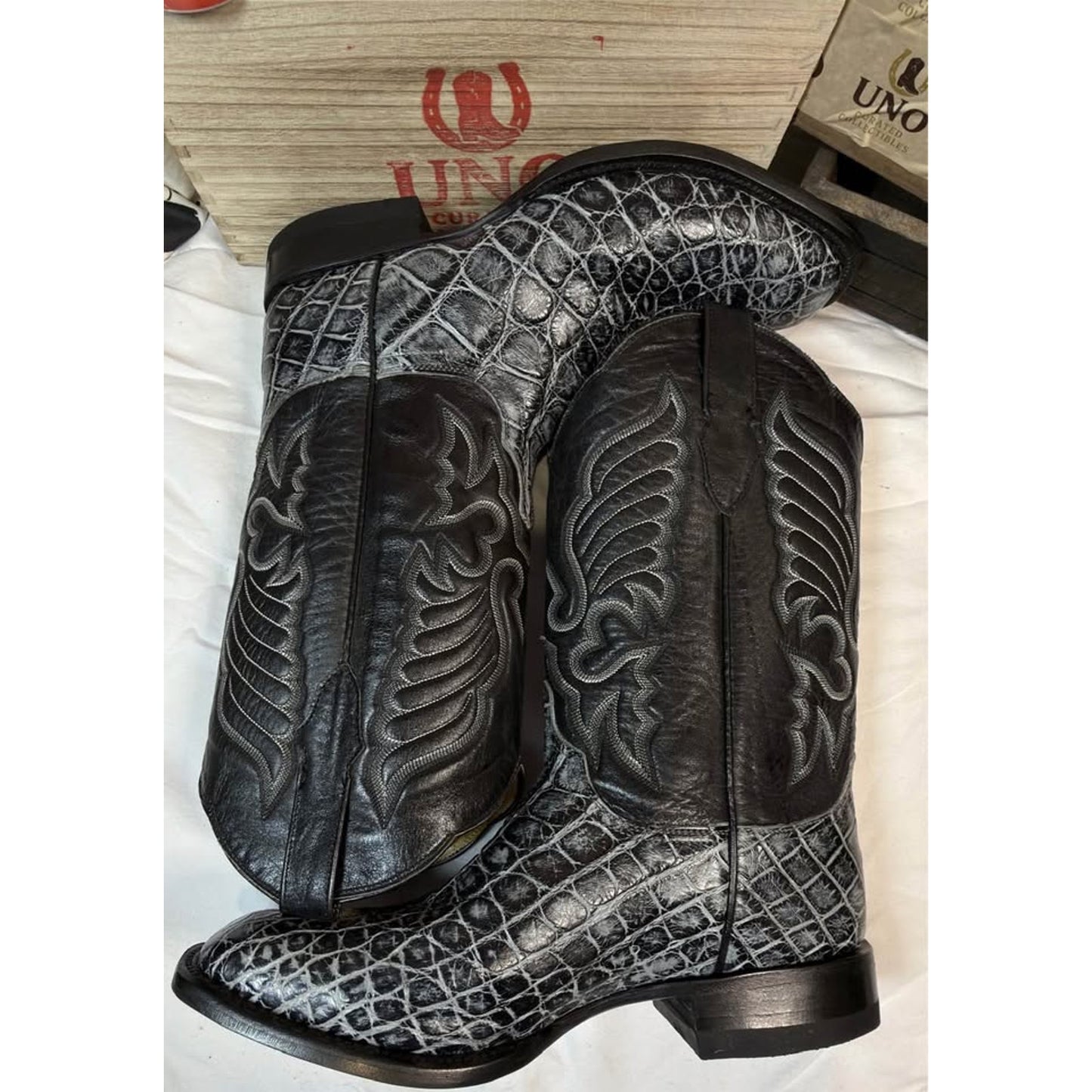 Genuine American Alligator Cowboy Boots — Black/Gray — Men’s 11.5 (fits 11E) — Handmade El Paso, TX