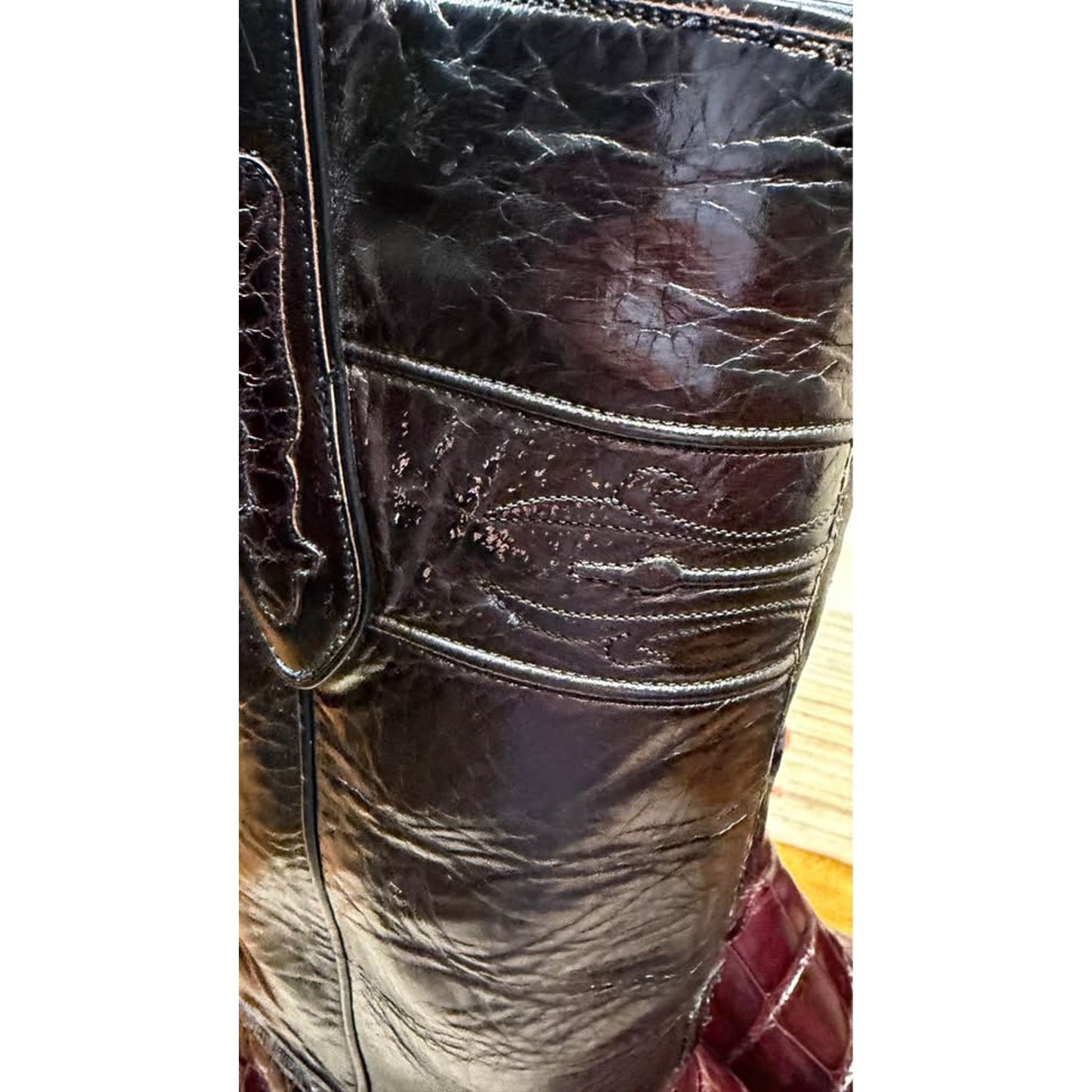 Custom Alligator Cowboy Boots — Burgundy/Black — Men’s 11.5 — One of a Kind, New Soles