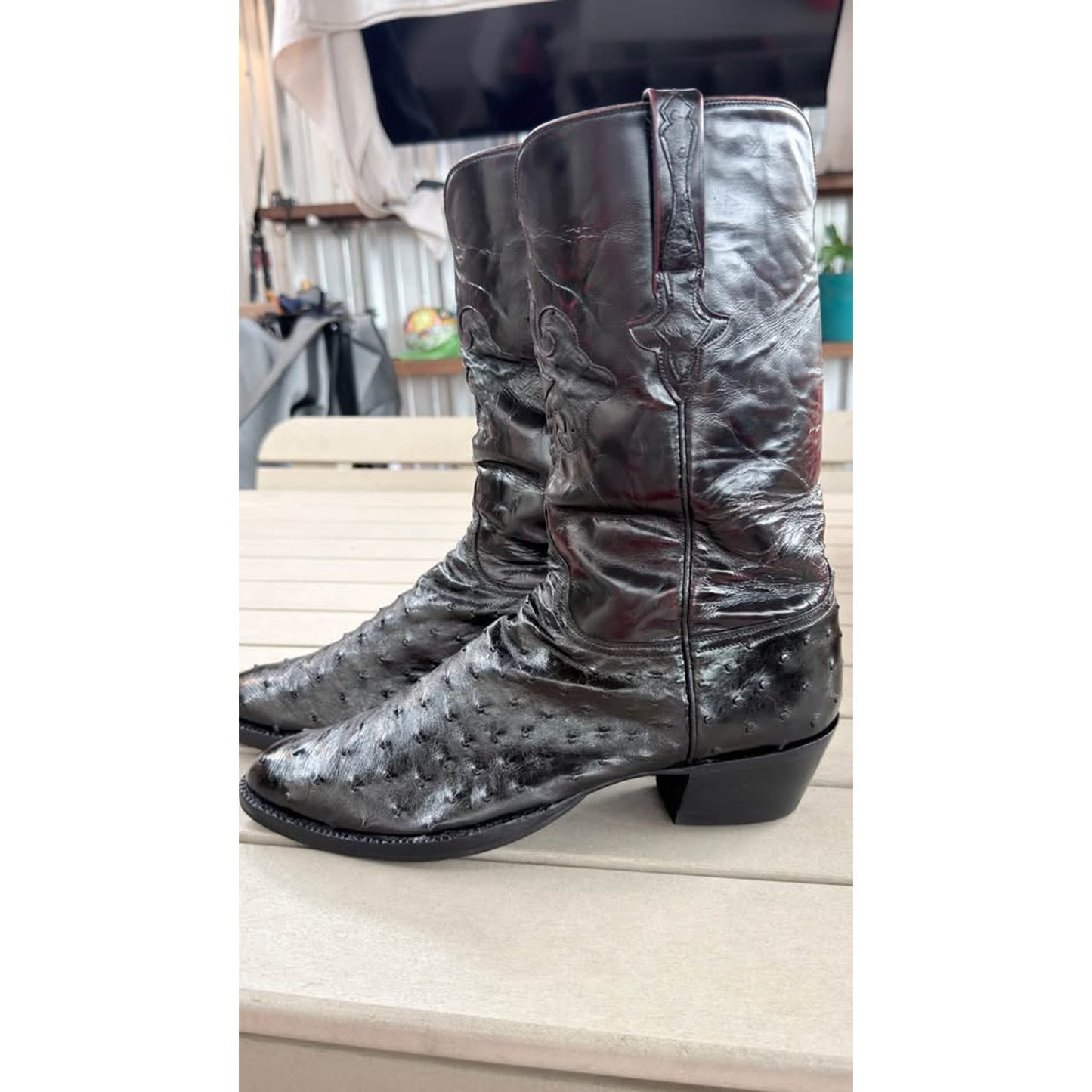 🐧LUCCHESE CLASSICS HANDMADE BLACK CHERRY FULL QUILL OSTRICH BOOTS — SIZE 13 D