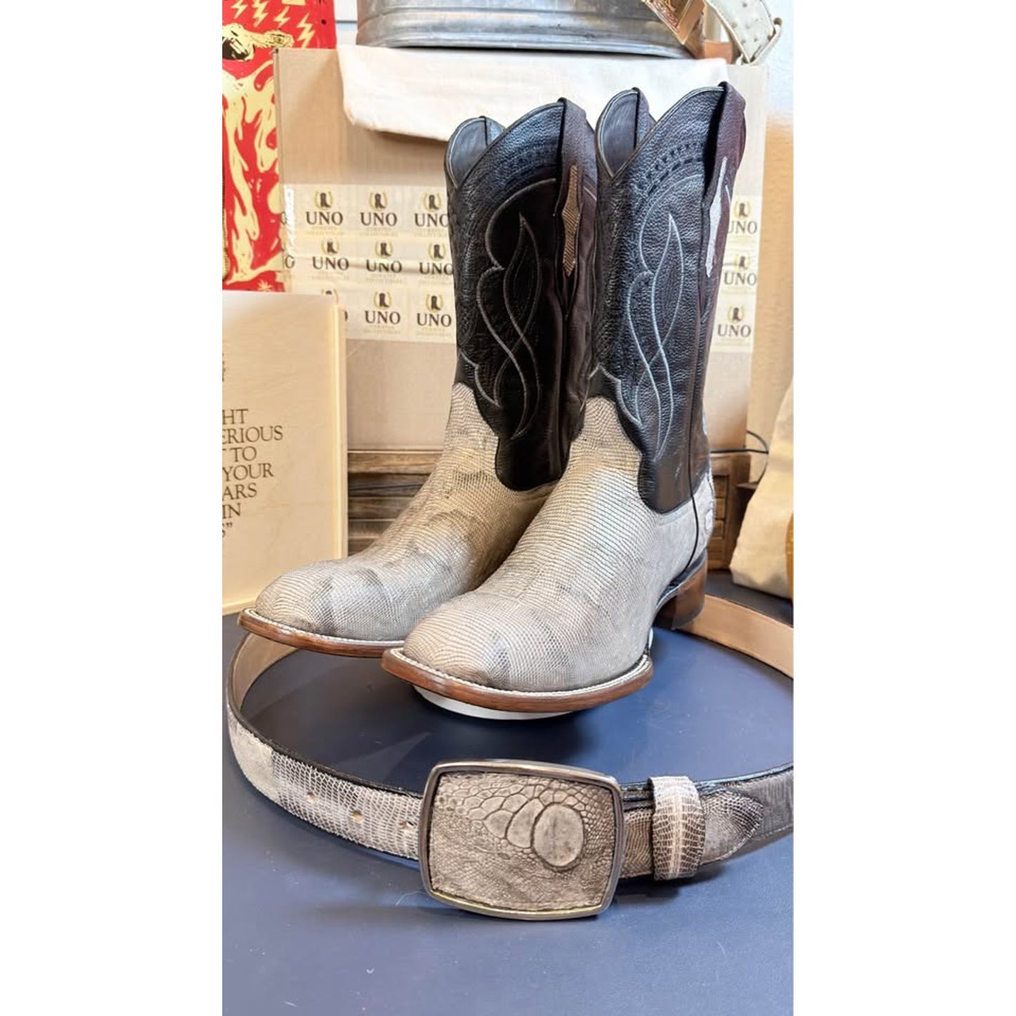 Handmade Iguana Boots + Matching Belt 🔥
Size 11.5–12 | Brand New | Exotic Western Boots