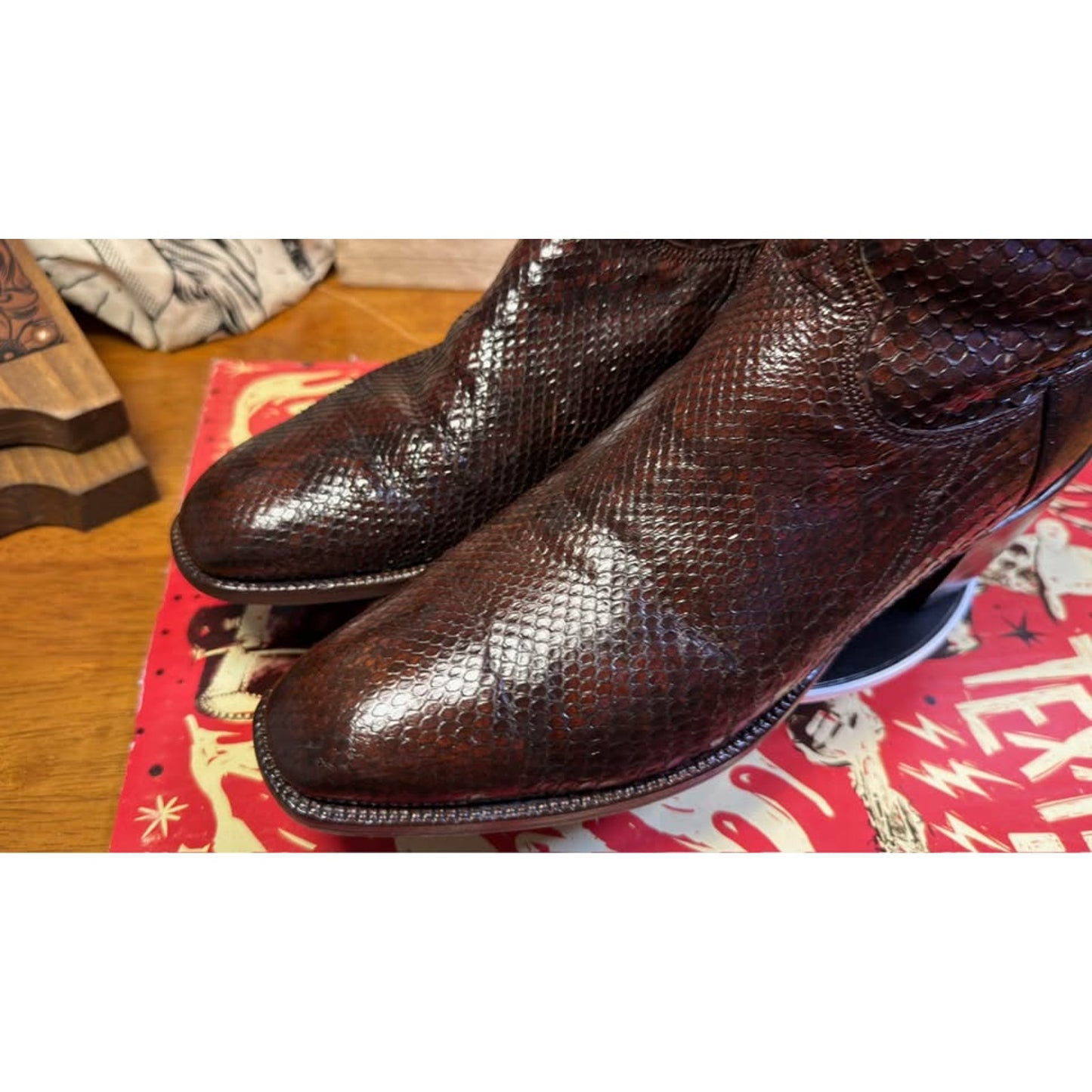 🐍VINTAGE LUCCHESE SAN ANTONIO BURMESE PYTHON BOOTS — DARK MAHOGANY | SIZE 11 D