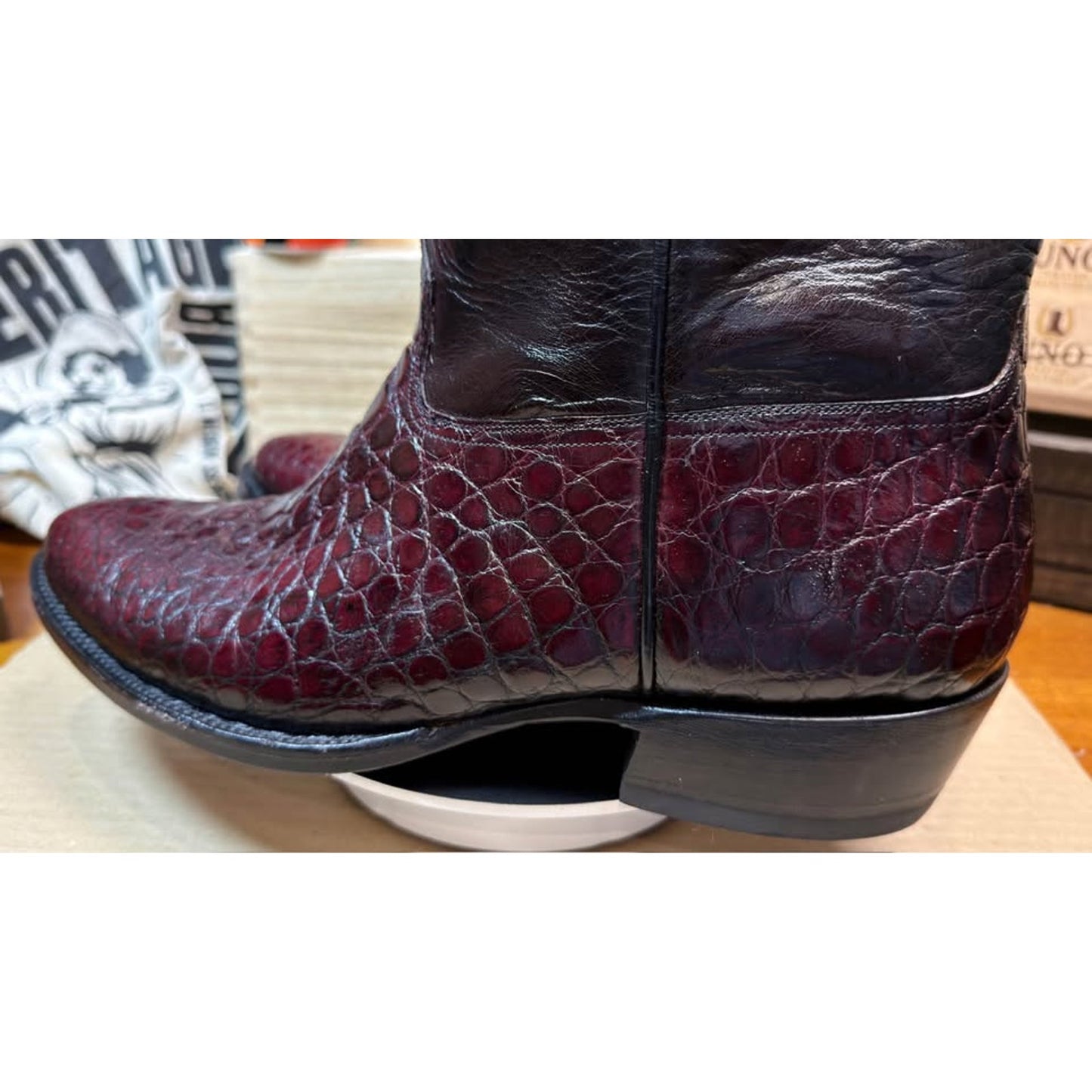 Custom Alligator Cowboy Boots — Burgundy/Black — Men’s 11.5 — One of a Kind, New Soles
