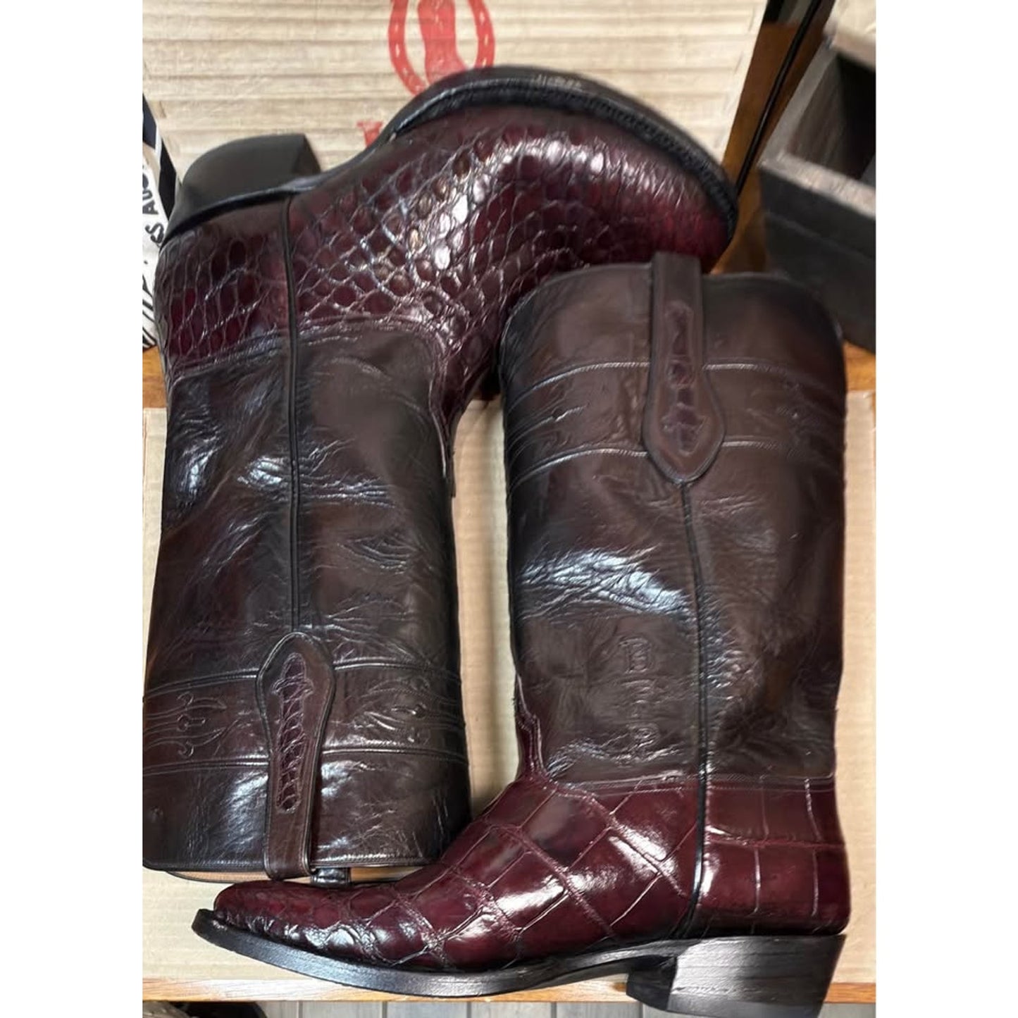 Custom Alligator Cowboy Boots — Burgundy/Black — Men’s 11.5 — One of a Kind, New Soles