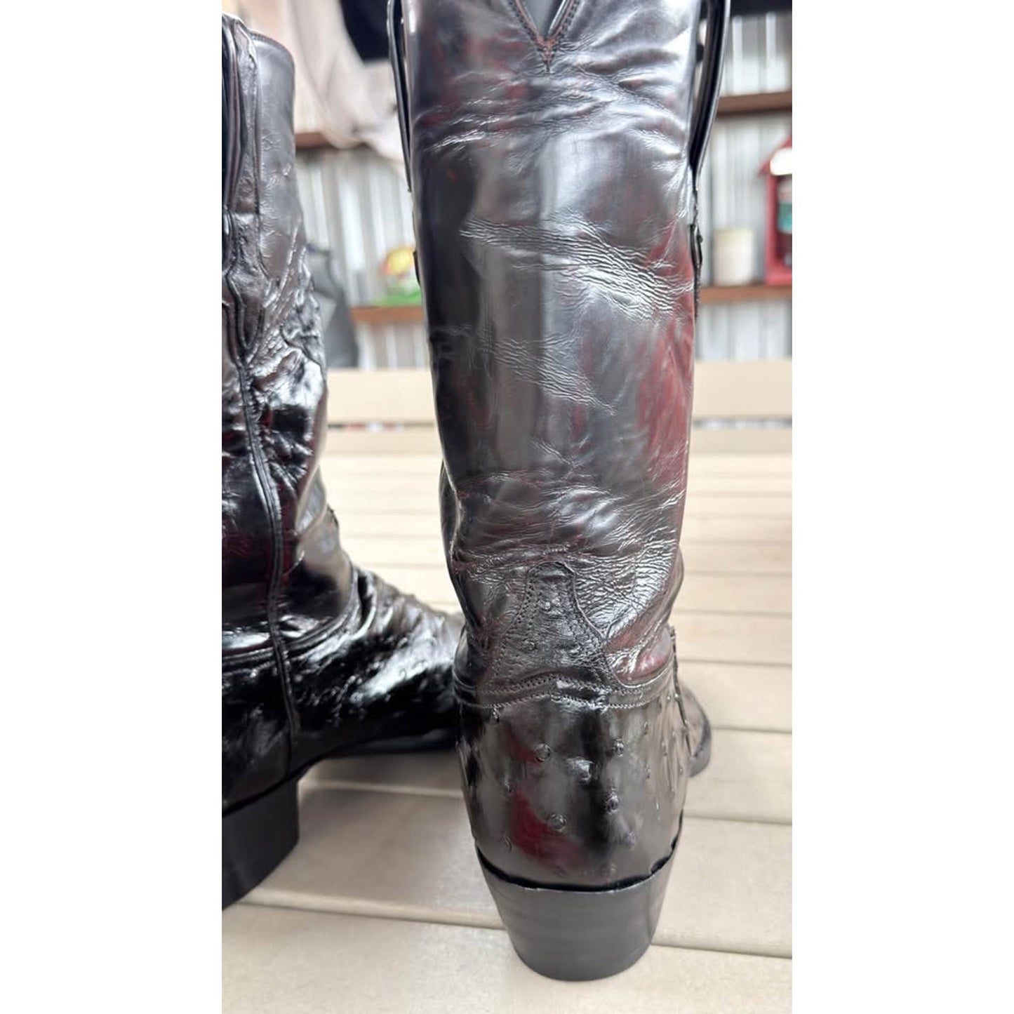 🐧LUCCHESE CLASSICS HANDMADE BLACK CHERRY FULL QUILL OSTRICH BOOTS — SIZE 13 D
