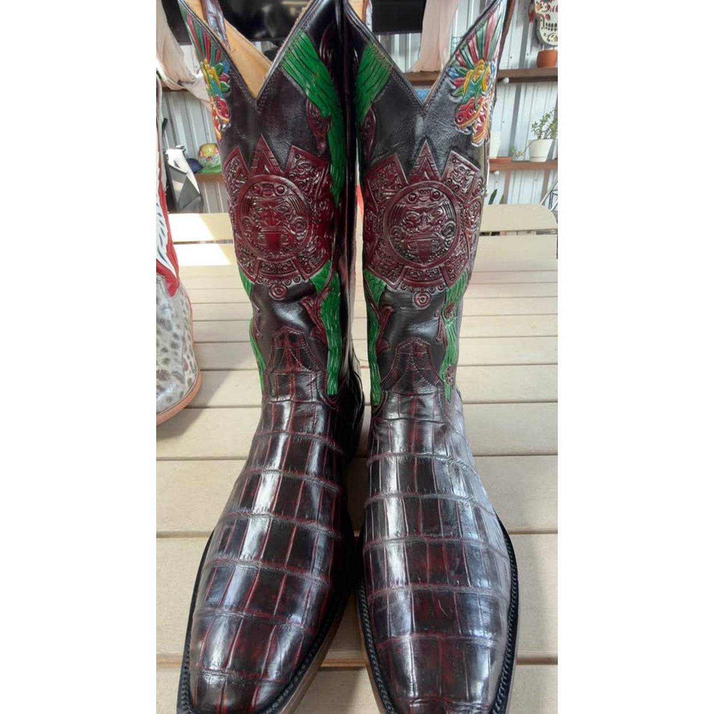 🐊CUSTOM HANDMADE CROCODILE BELLY “AZTEC CALENDAR” BOOTS — BLACK CHERRY | SIZE 11.5 | FRENCH TOE |