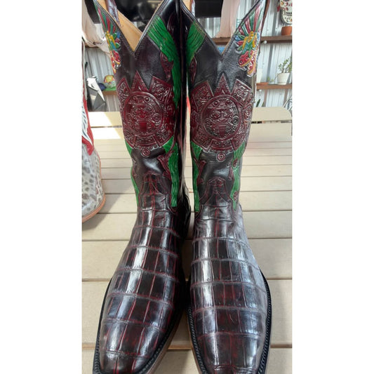 🐊CUSTOM HANDMADE CROCODILE BELLY “AZTEC CALENDAR” BOOTS — BLACK CHERRY | SIZE 11.5 | FRENCH TOE |