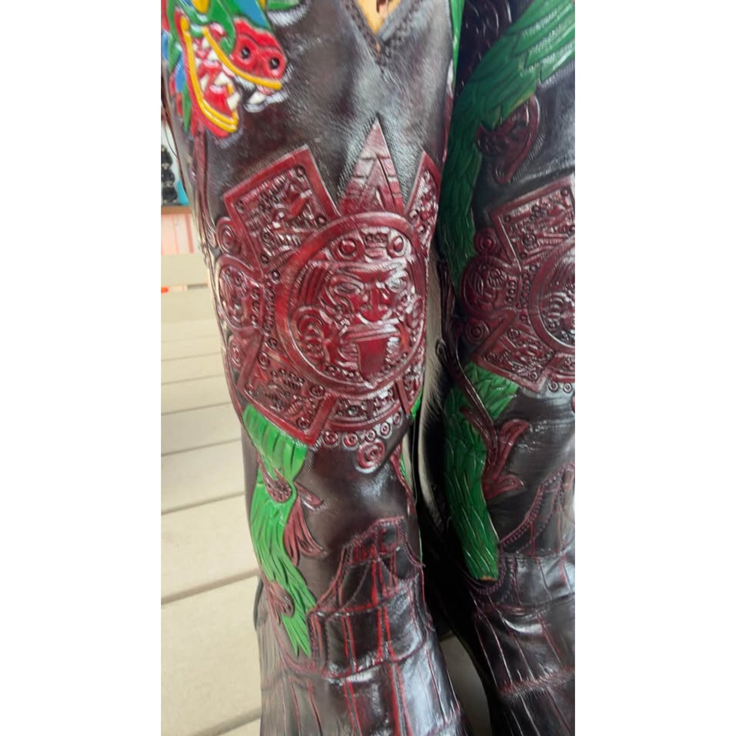 🐊CUSTOM HANDMADE CROCODILE BELLY “AZTEC CALENDAR” BOOTS — BLACK CHERRY | SIZE 11.5 | FRENCH TOE |