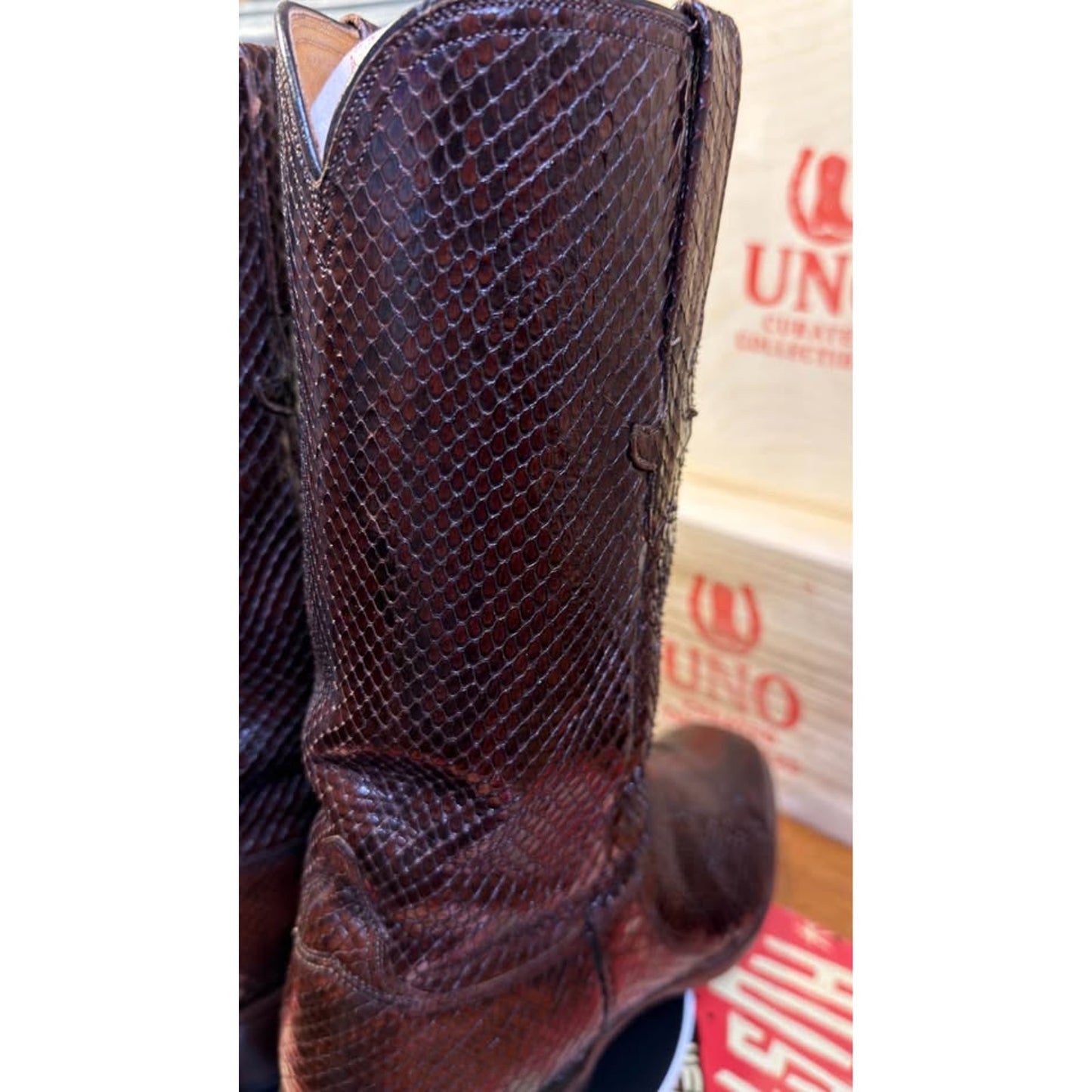 🐍VINTAGE LUCCHESE SAN ANTONIO BURMESE PYTHON BOOTS — DARK MAHOGANY | SIZE 11 D