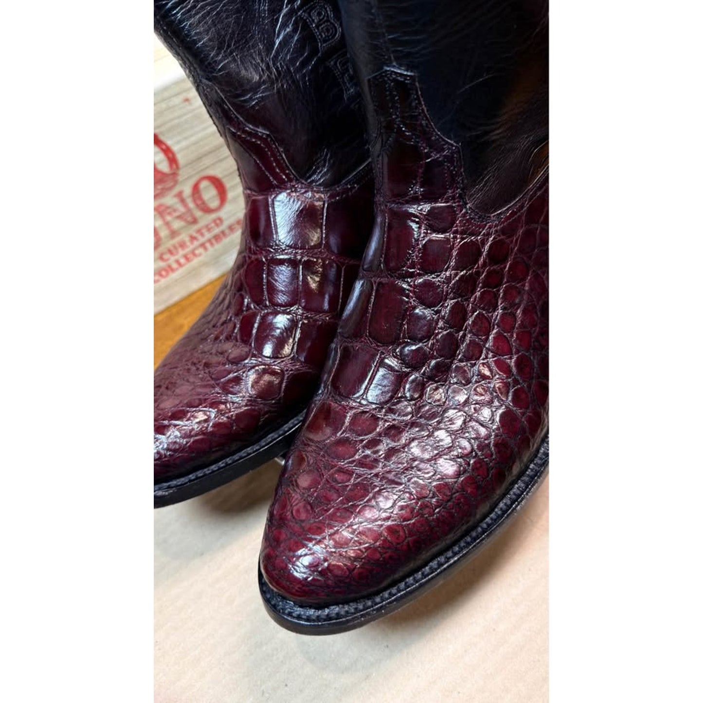 Custom Alligator Cowboy Boots — Burgundy/Black — Men’s 11.5 — One of a Kind, New Soles