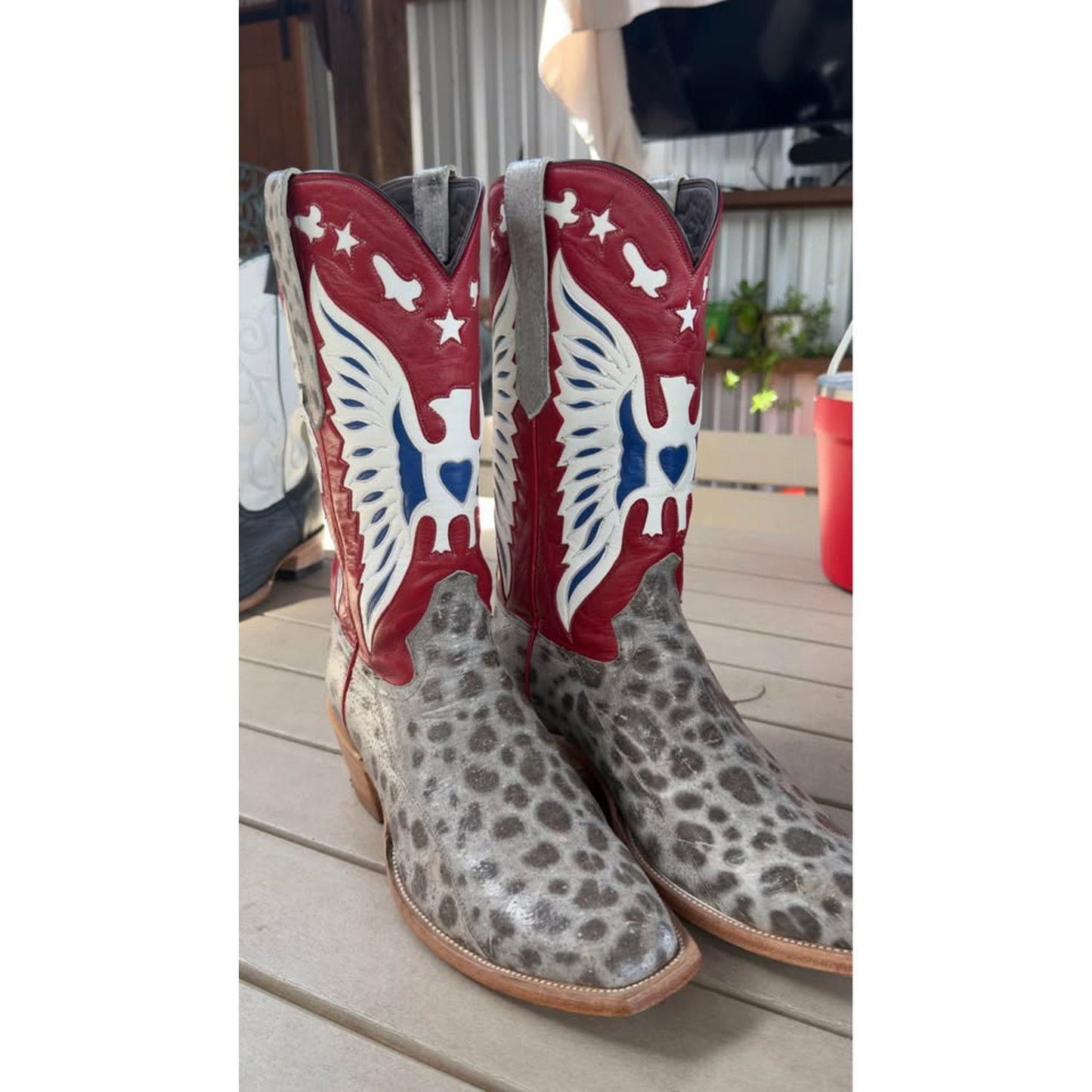 🐟CUSTOM HANDMADE WOLF FISH WESTERN BOOTS — RED WHITE & BLUE PATRIOT SHAFT | SIZE 11.5 | WITH MATCH