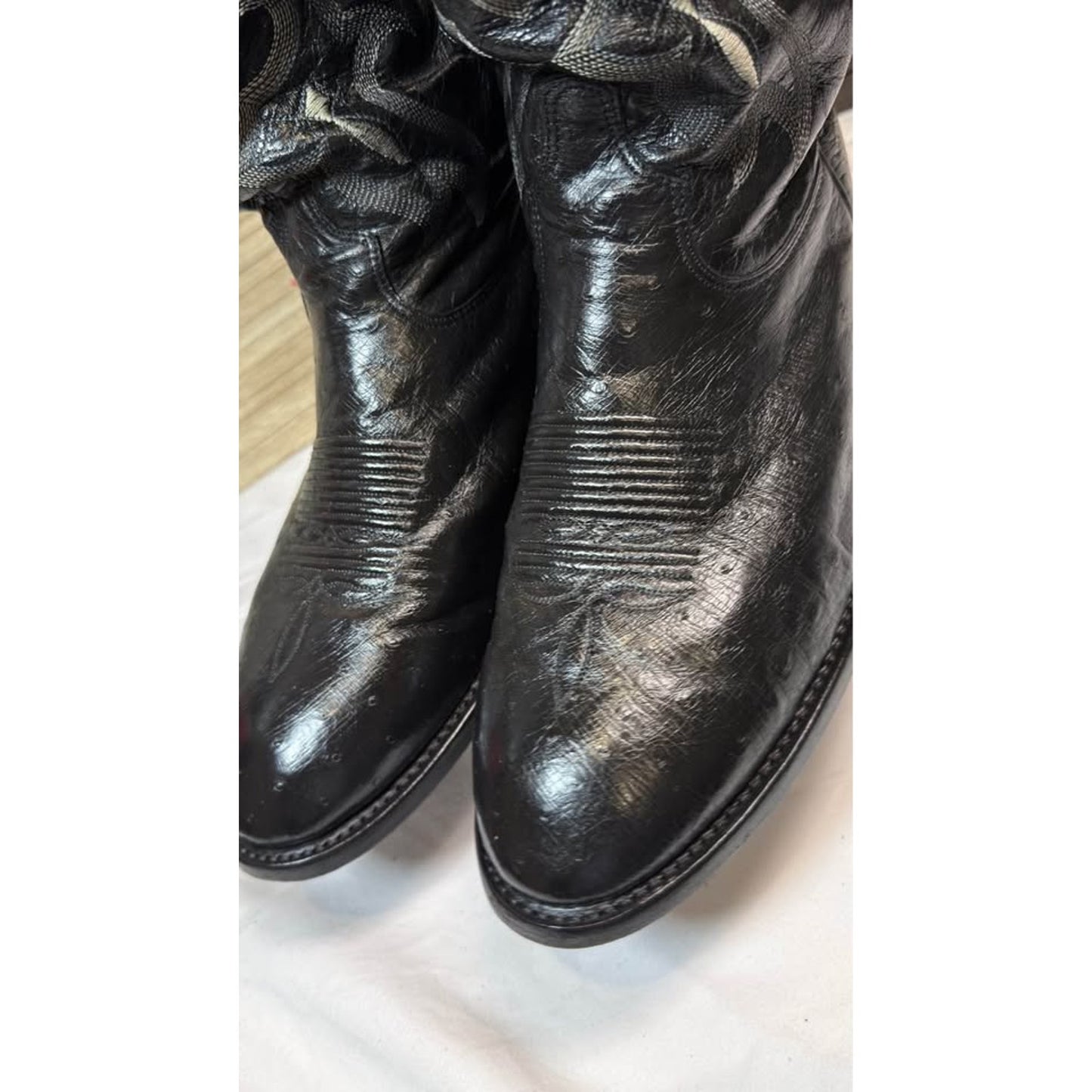 Tony Lama Smooth Ostrich Boots — Black with Silver Flame Embroidery — Size 10.5 D — Used, Excellent