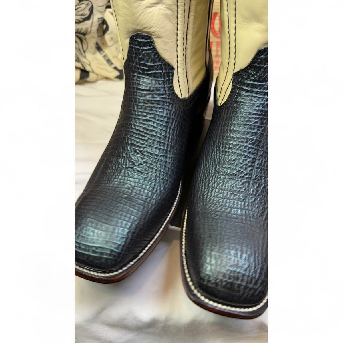 UNO Boots & Collectables square toe cowboy boots with black textured vamps and cream leather shafts
