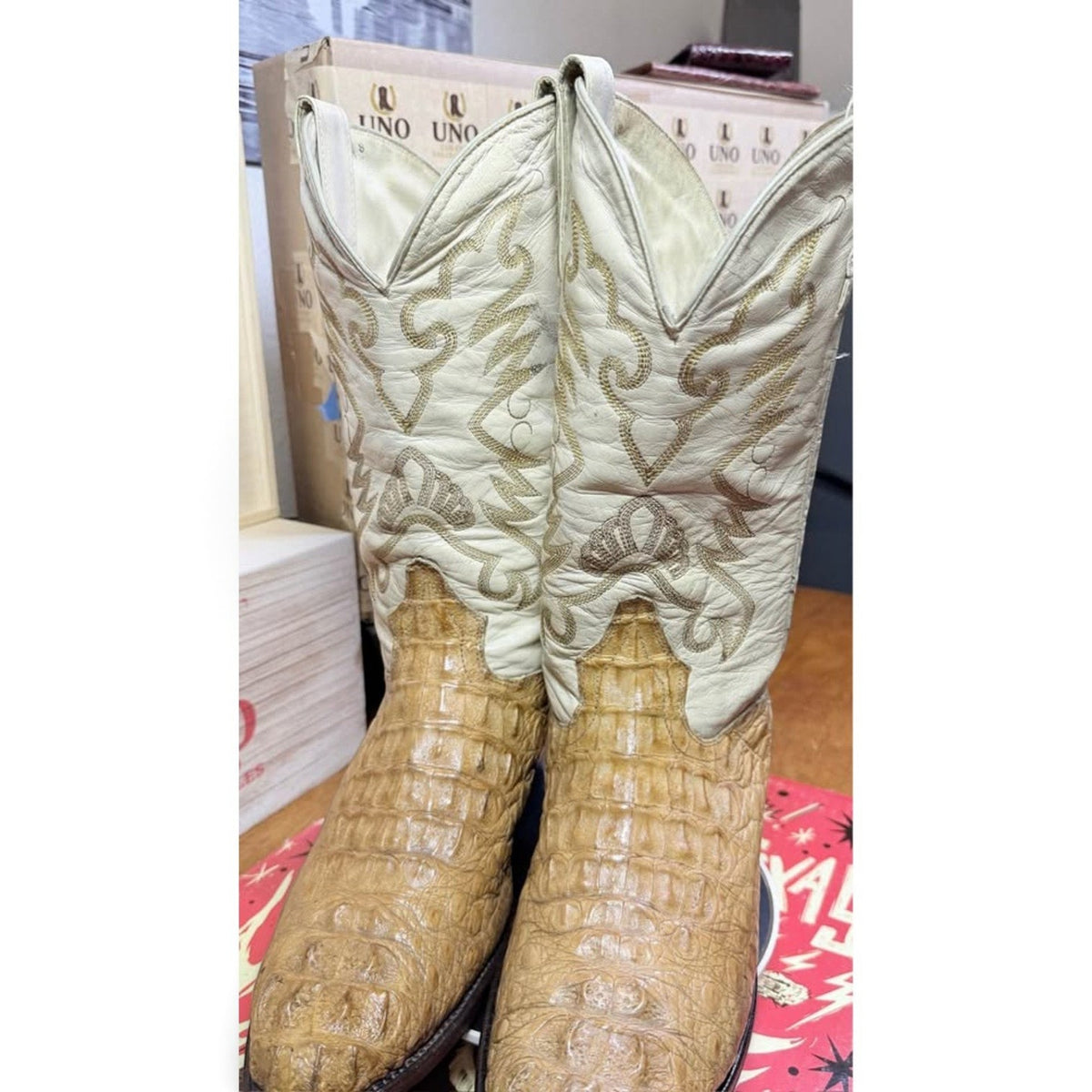 UNO Boots & Collectables genuine caiman hornback western boots in tan with cream leather shaft and intricate stitching