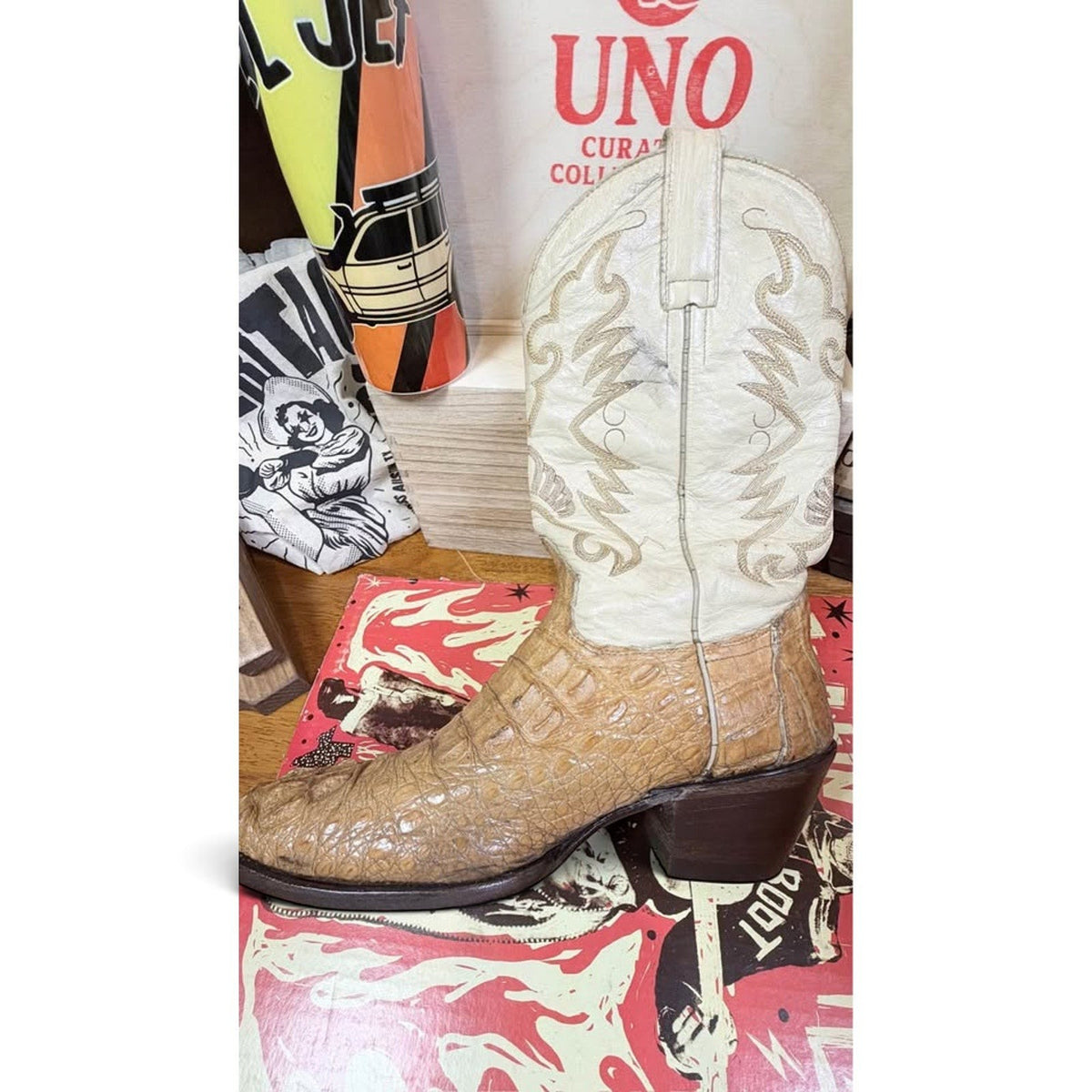 UNO Boots & Collectables honey amber caiman hornback western boots with a cream shaft and gold embroidery.