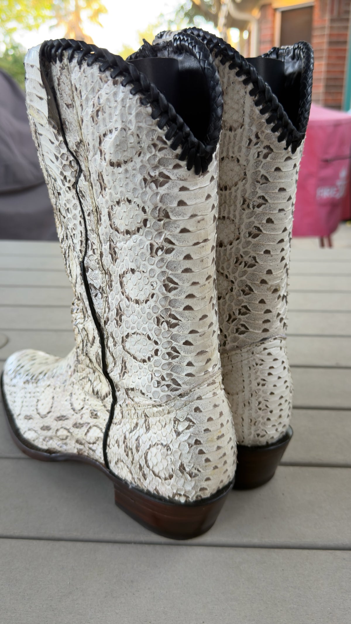 UNO Boots & Collectables genuine python skin cowboy boots in cream with dark braided trim and natural scale texture