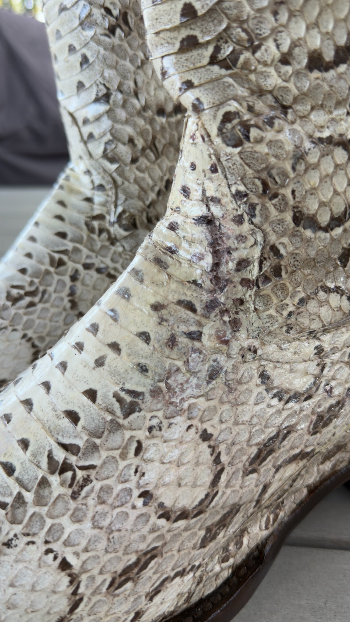UNO Boots & Collectables genuine python skin cowboy boots featuring a detailed cream and brown natural scale pattern.