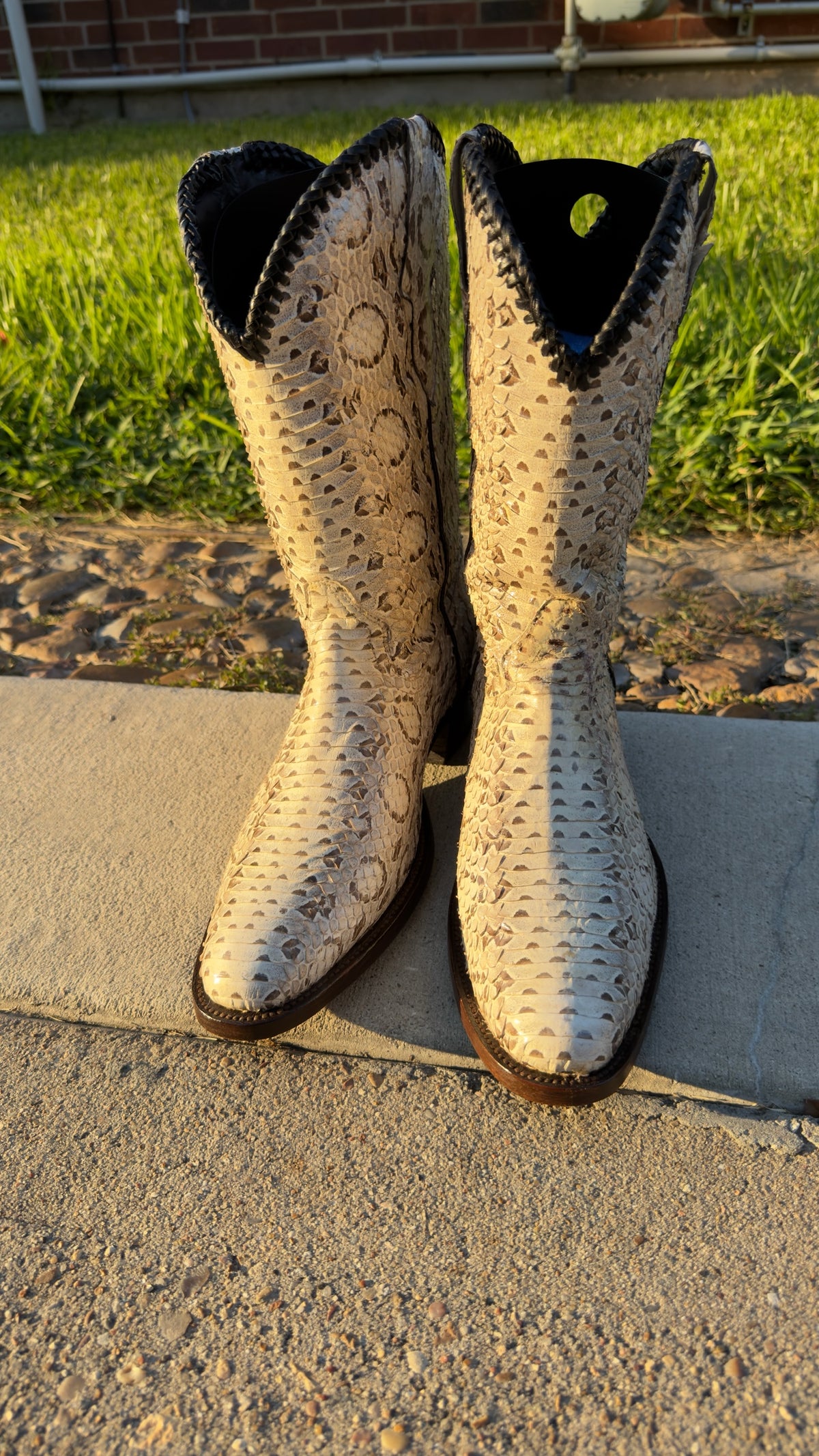 UNO Boots & Collectables genuine python skin cowboy boots in cream and earth tones with dark braided collar trim.