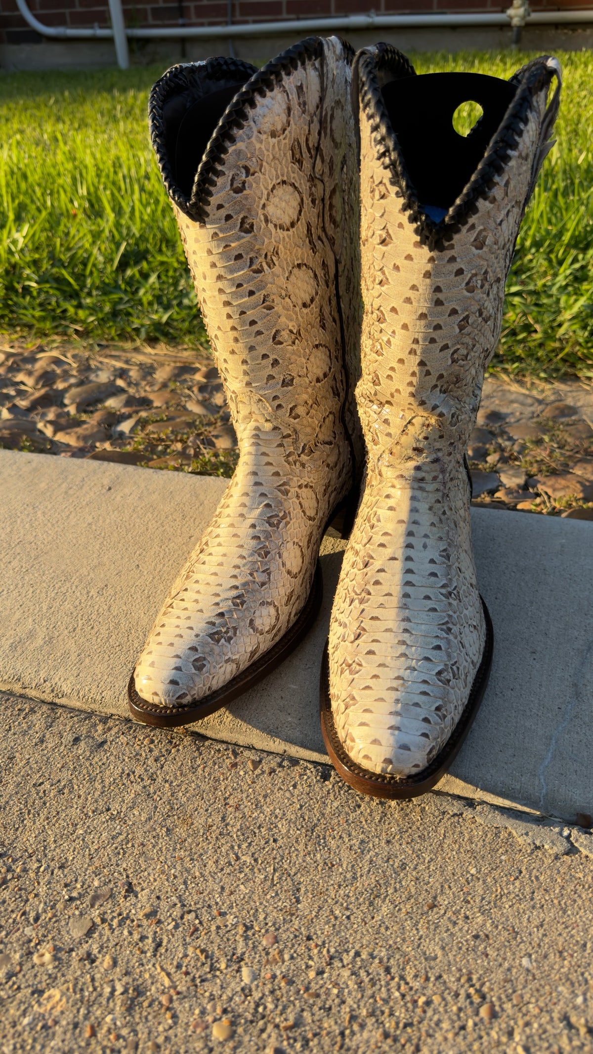UNO Boots & Collectables genuine python skin cowboy boots in cream and earth tones with dark braided collar trim.