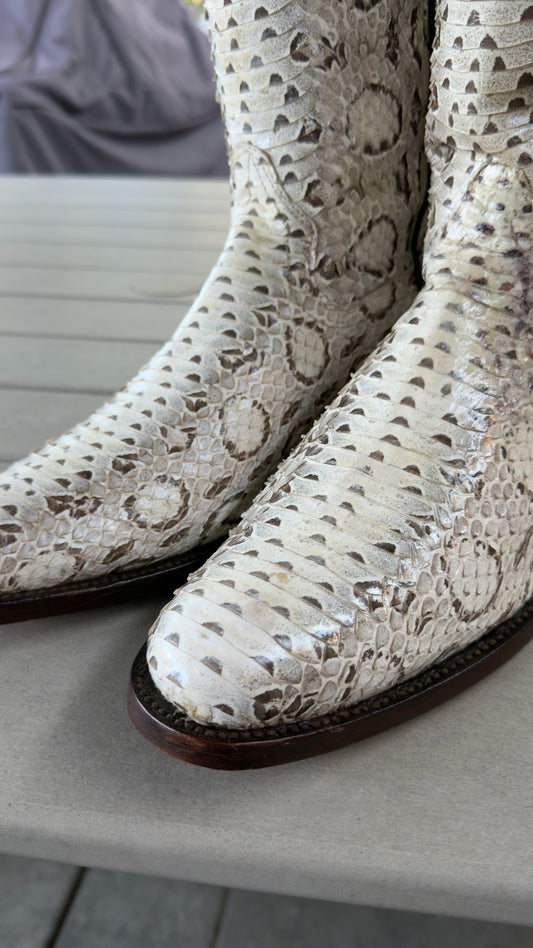 UNO Boots & Collectables genuine python skin cowboy boots in cream and earth tones with detailed scale texture.