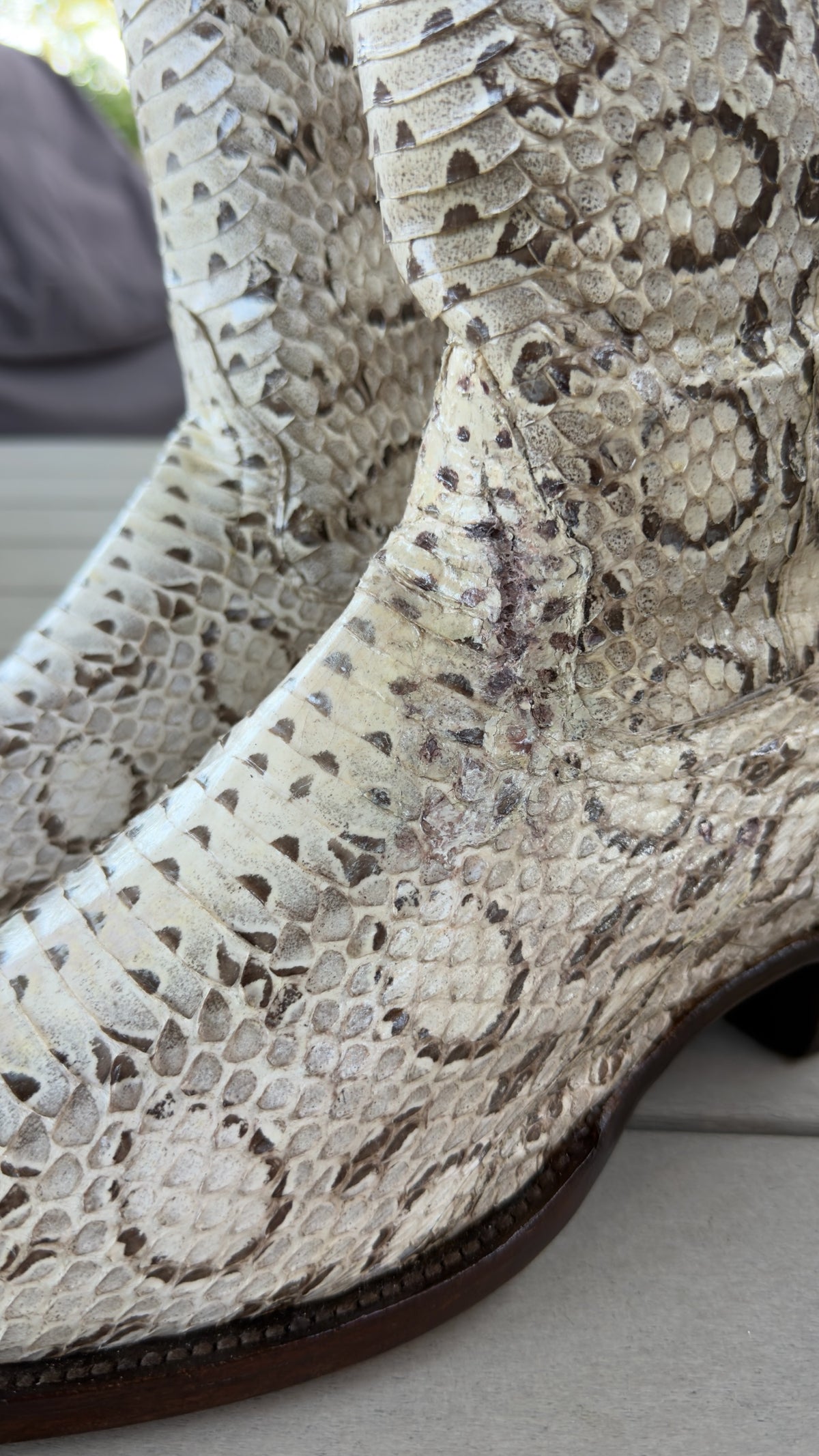 UNO Boots & Collectables genuine python skin cowboy boots in cream and brown with detailed natural scale texture.