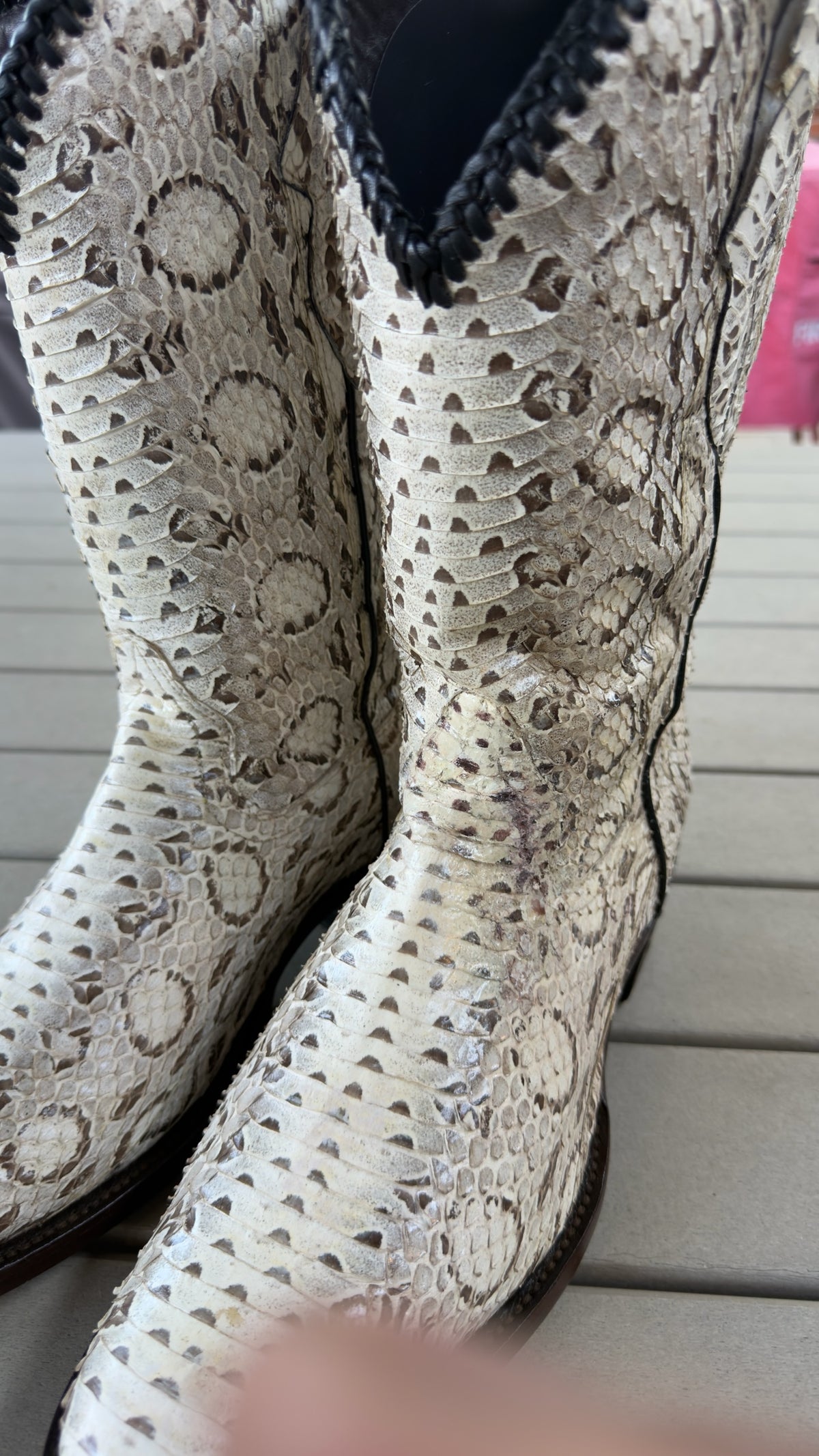 UNO Boots & Collectables genuine python skin cowboy boots in cream and brown with dark braided collar trim