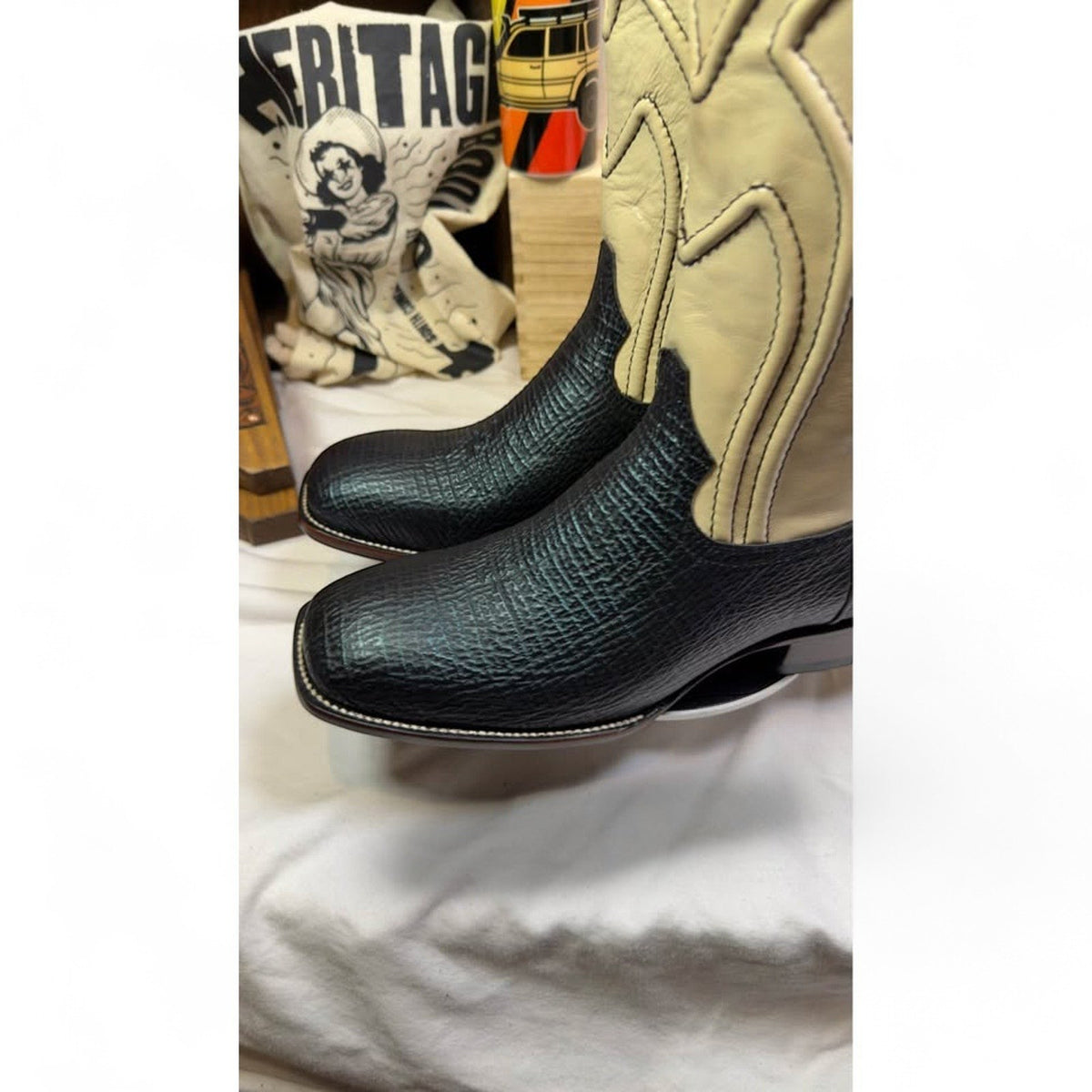 UNO Boots & Collectables two-tone cowboy boots with black textured leather vamp and cream shaft with square toe